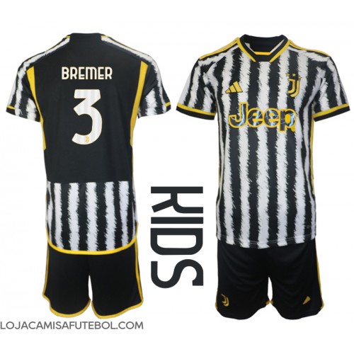Camisa de Futebol Juventus Gleison Bremer #3 Equipamento Principal Infantil 2023-24 Manga Curta (+ Calças curtas)